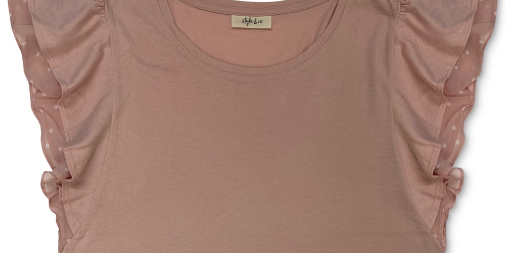Style & Co Women's Plus Size Dot-Print-Trim Flutter-Sleeve Top Pink Size 2X