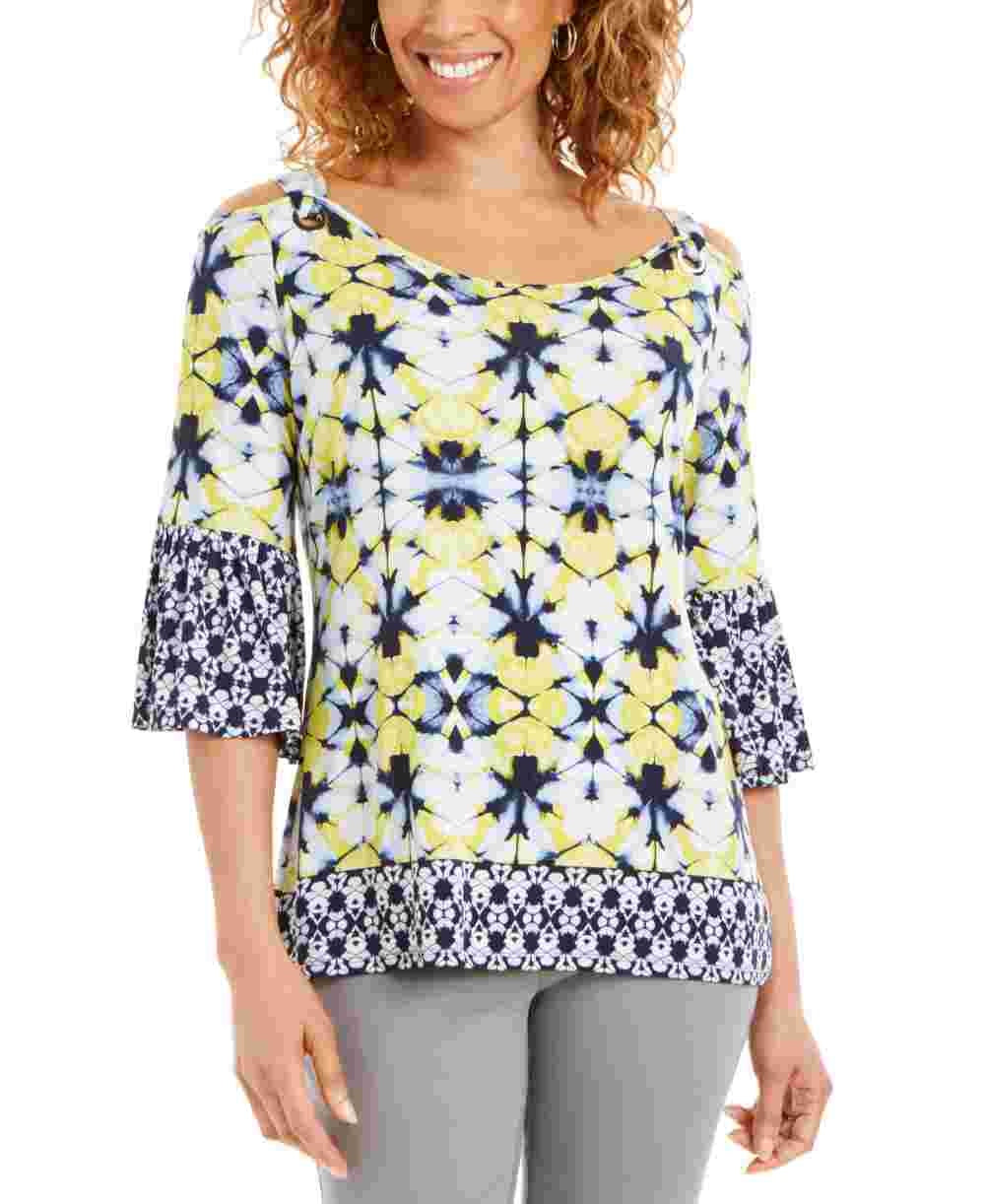 JM Collection Women's Petite Printed Cold-Shoulder Top Navy Size PL