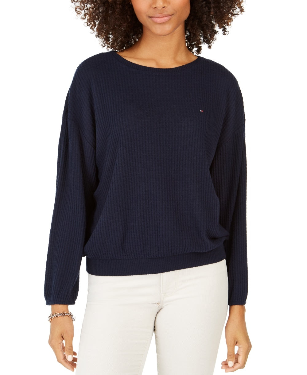 Tommy Hilfiger Women's Long Sleeve Jewel Neck Top Blue Size Medium