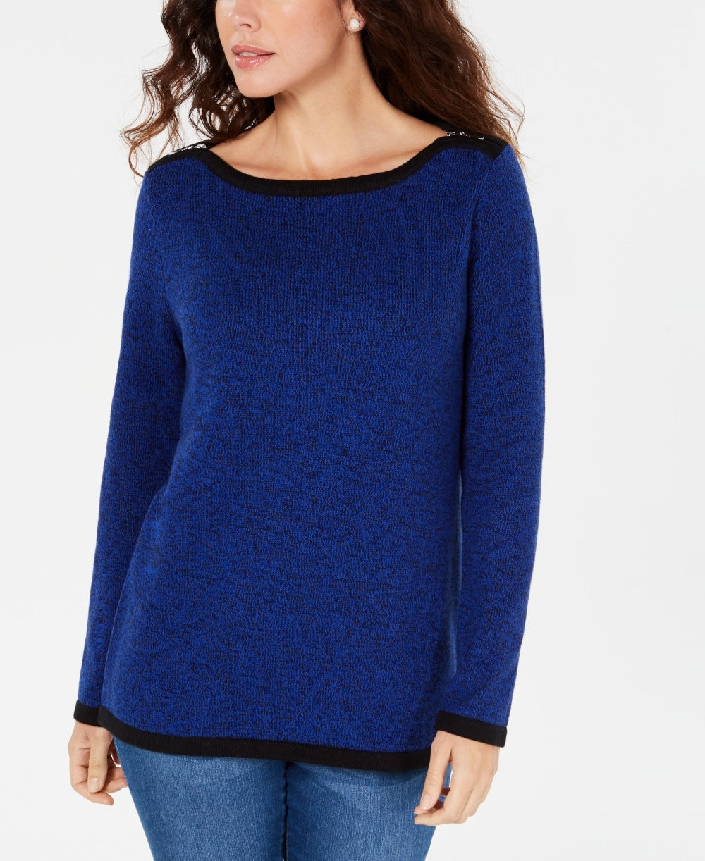 Karen Scott Women's Cotton Contrast-Trim Sweater Blue Size Small