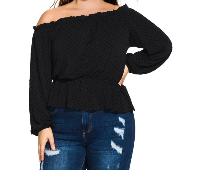 City Chic Women's Trendy Plus Flocked Off The Shoulder Top Black Size 18W
