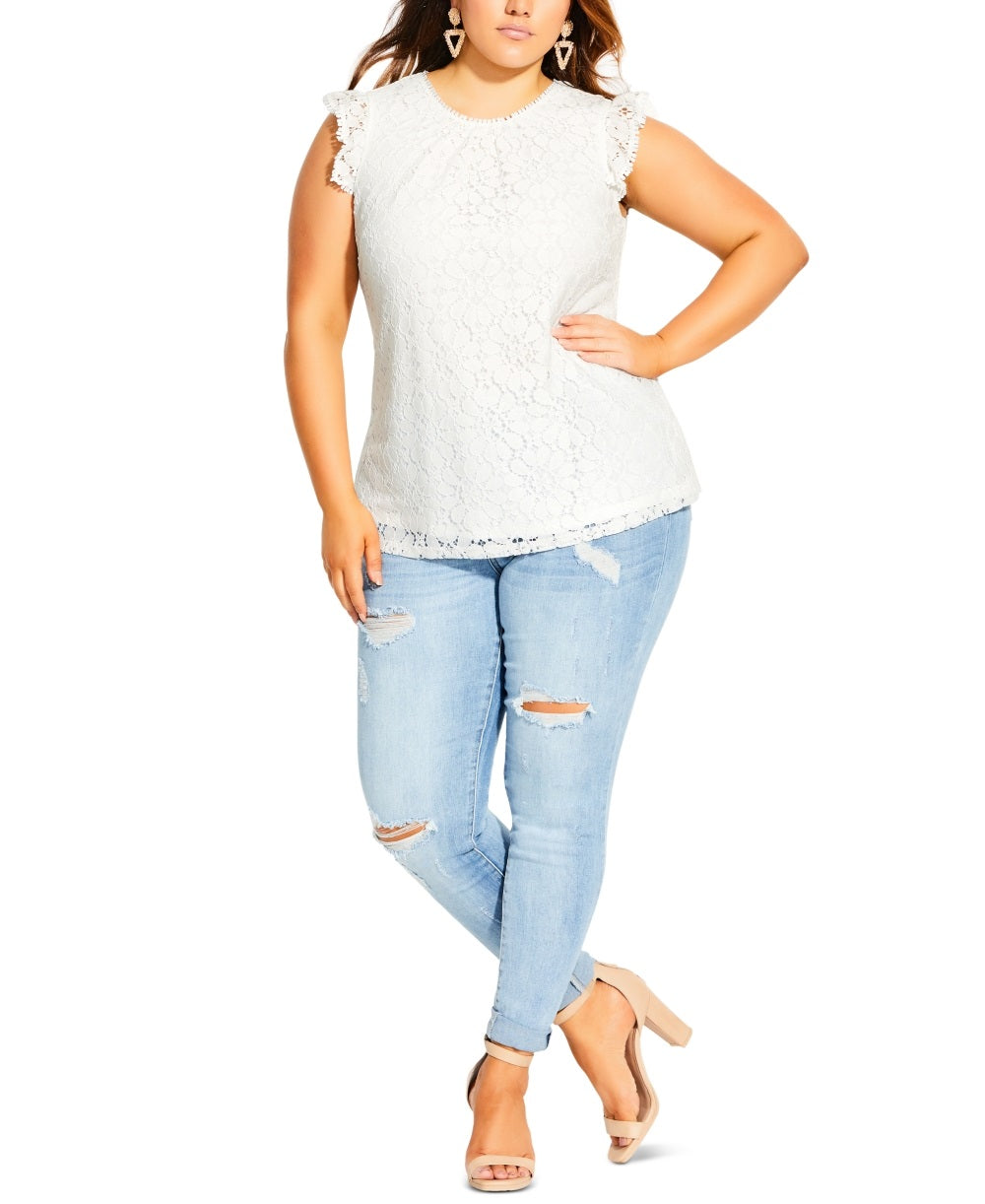 City Chic Women's Trendy Plus Ornamental Lace Top White Size Petite Small