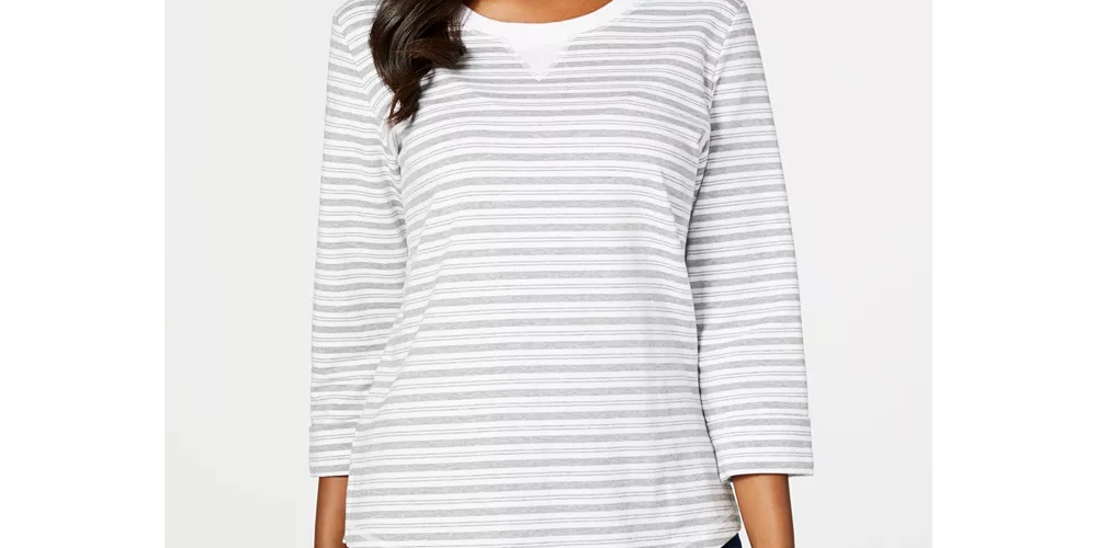 Karen Scott Petite Striped 3/4-Sleeve Sweatshirt  Gray Size Petite Small