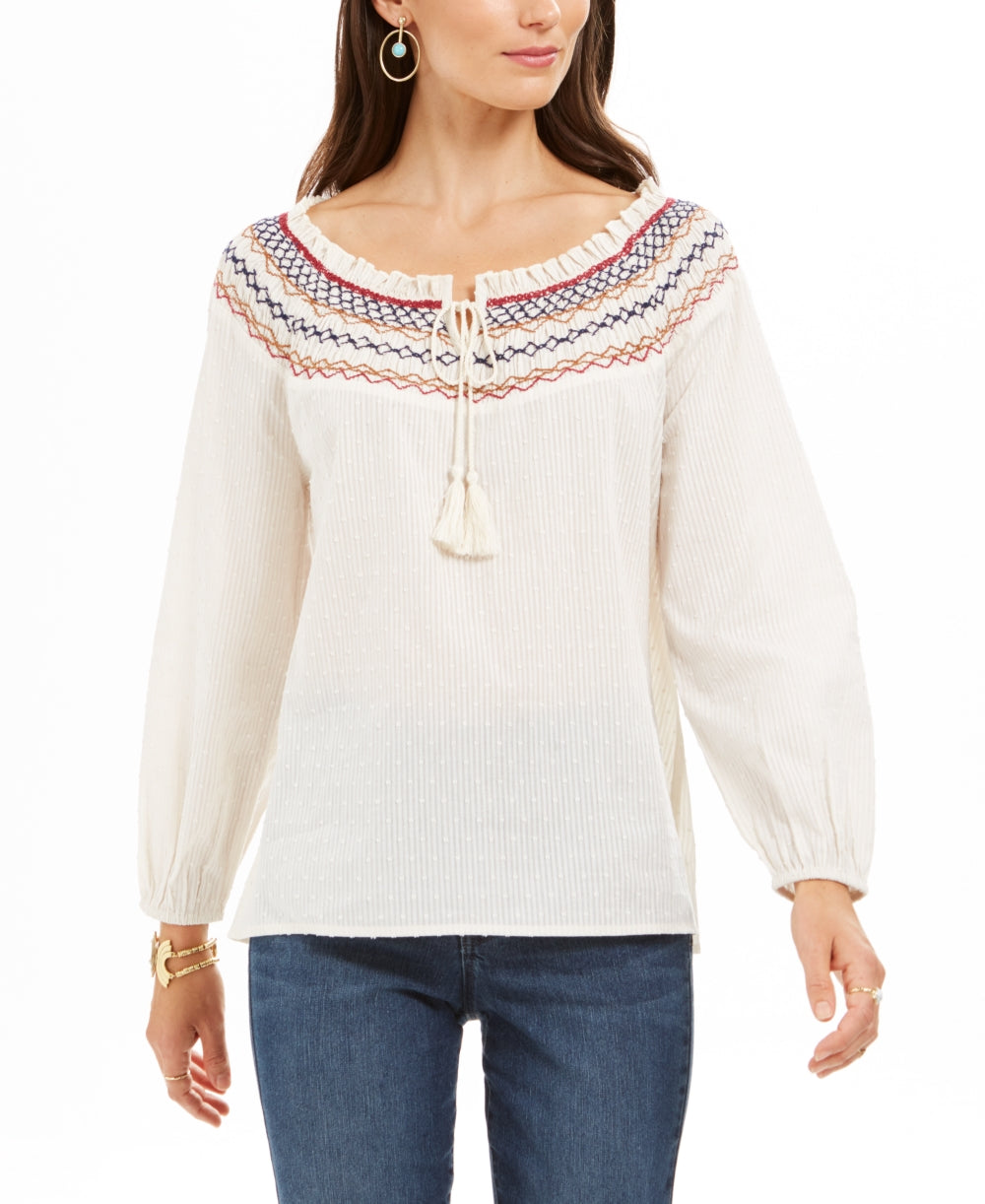 Style & Co Petite Embroidered Smocked-Neck Cotton Top  White Size PXL