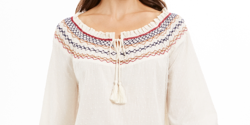 Style & Co Petite Embroidered Smocked-Neck Cotton Top  White Size PXL