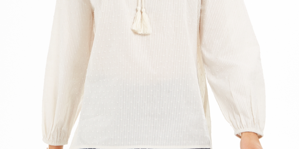 Style & Co Petite Embroidered Smocked-Neck Cotton Top  White Size PXL