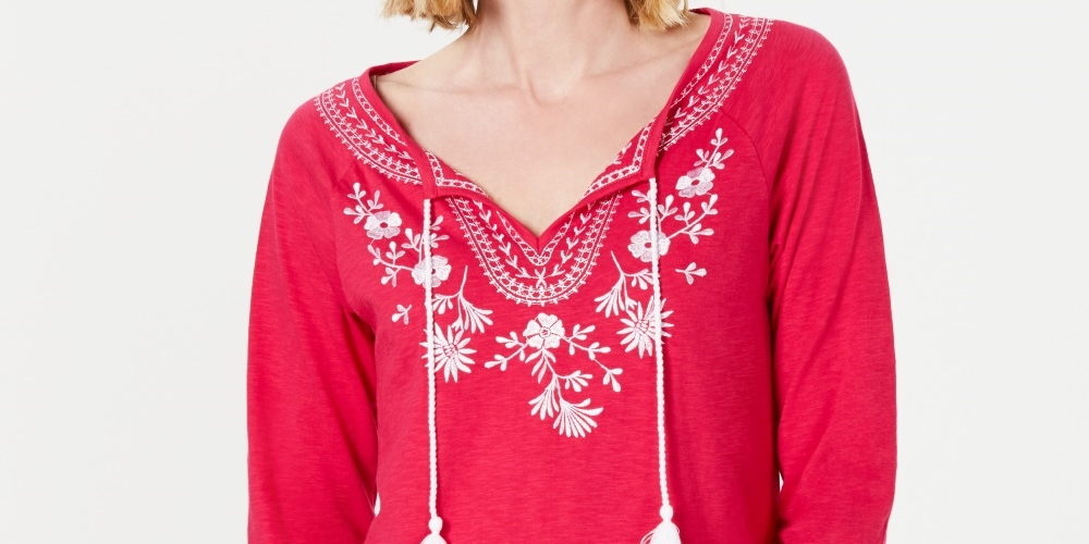Charter Club Women's Petite Cotton Embroidered Peasant Top Pink Size PM