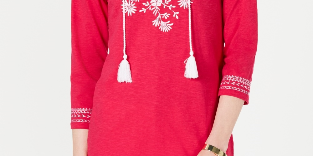 Charter Club Women's Petite Cotton Embroidered Peasant Top Pink Size PM