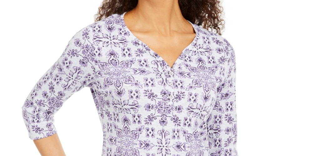 Karen Scott Women's Printed 3/4 Sleeve Henley Top Cassis Grey Size PS-
