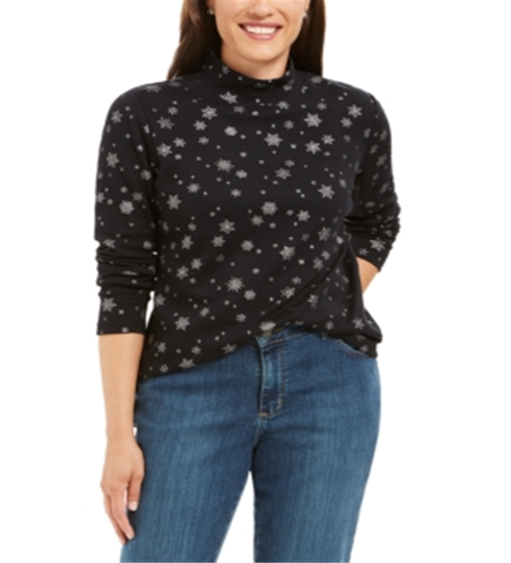 Karen Scott Women's Snowy Glory Mock Neck Top Black Size-Petite XL