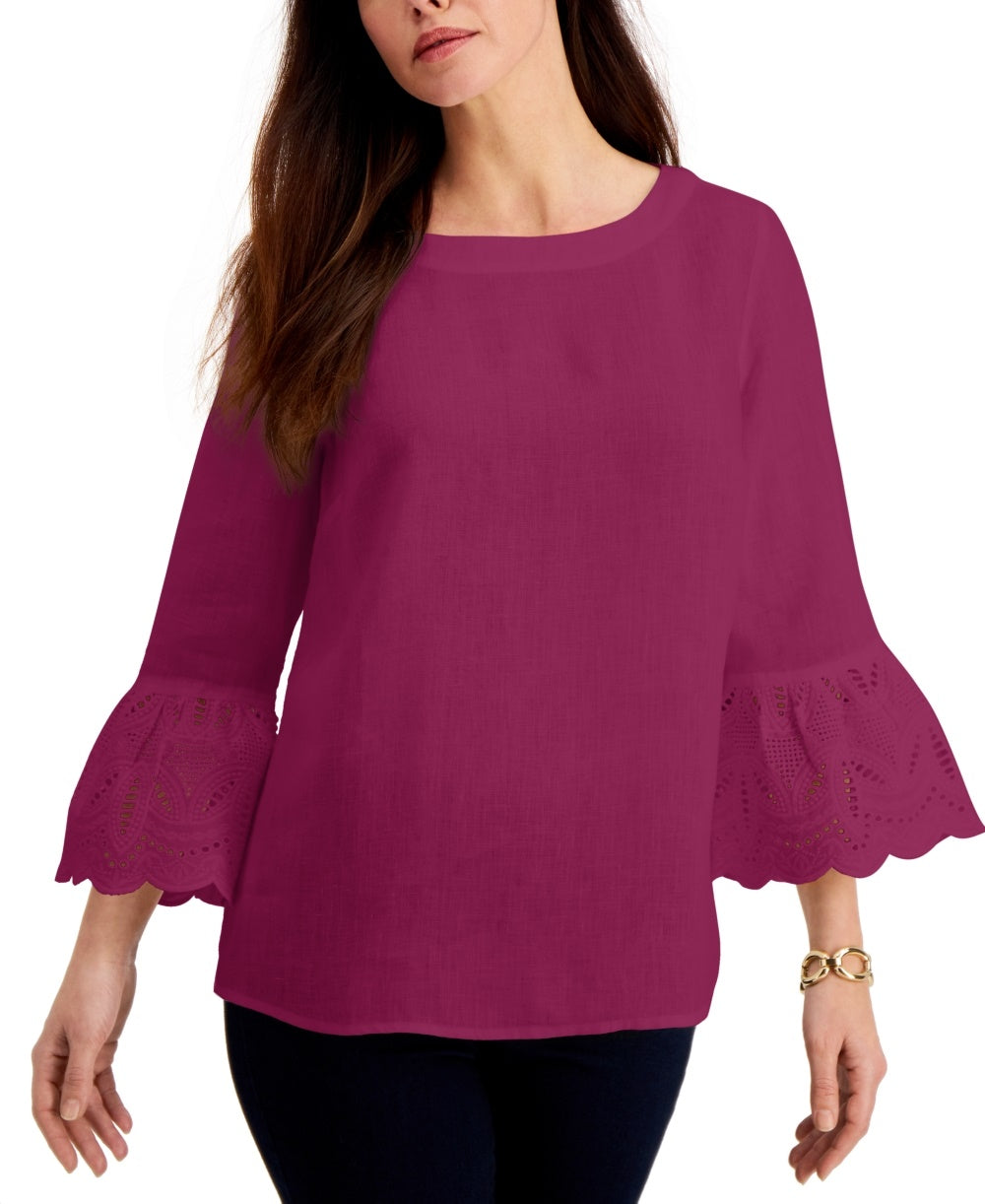 Charter Club Women's Eyelet Bell-Sleeve Top  Red Size Medium