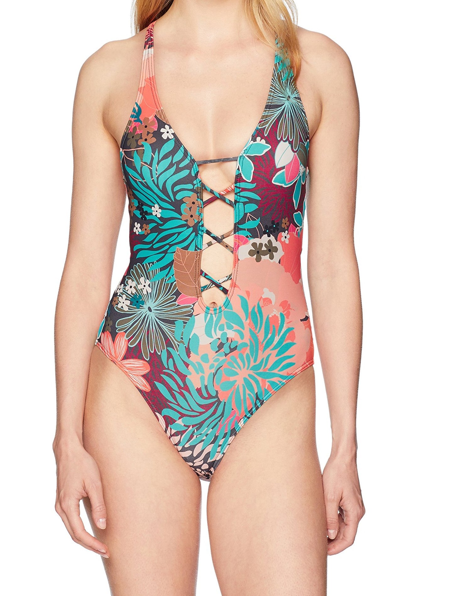 Vince Camuto Women's Lagoon V Neck One Piece Swimsuit Green Size 12