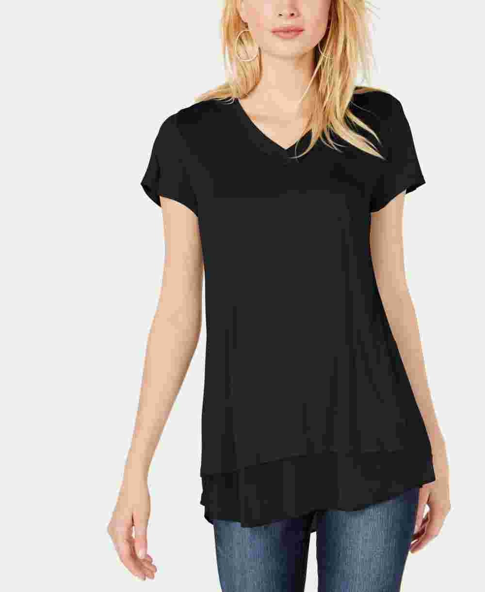 INC International Concepts Women's Lace Trim V-Neck T-Shirt Black Size X-Small
