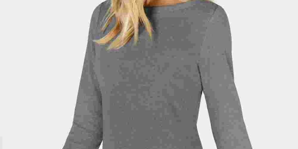 Karen Scott Women's Cotton BOAT Neck 3/4 Sleeve Knit Top Gray Size Small