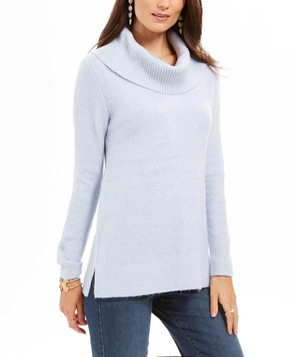 Style & Co Women's Petite Metallic-Striped Turtleneck Sweater Blue Size PM