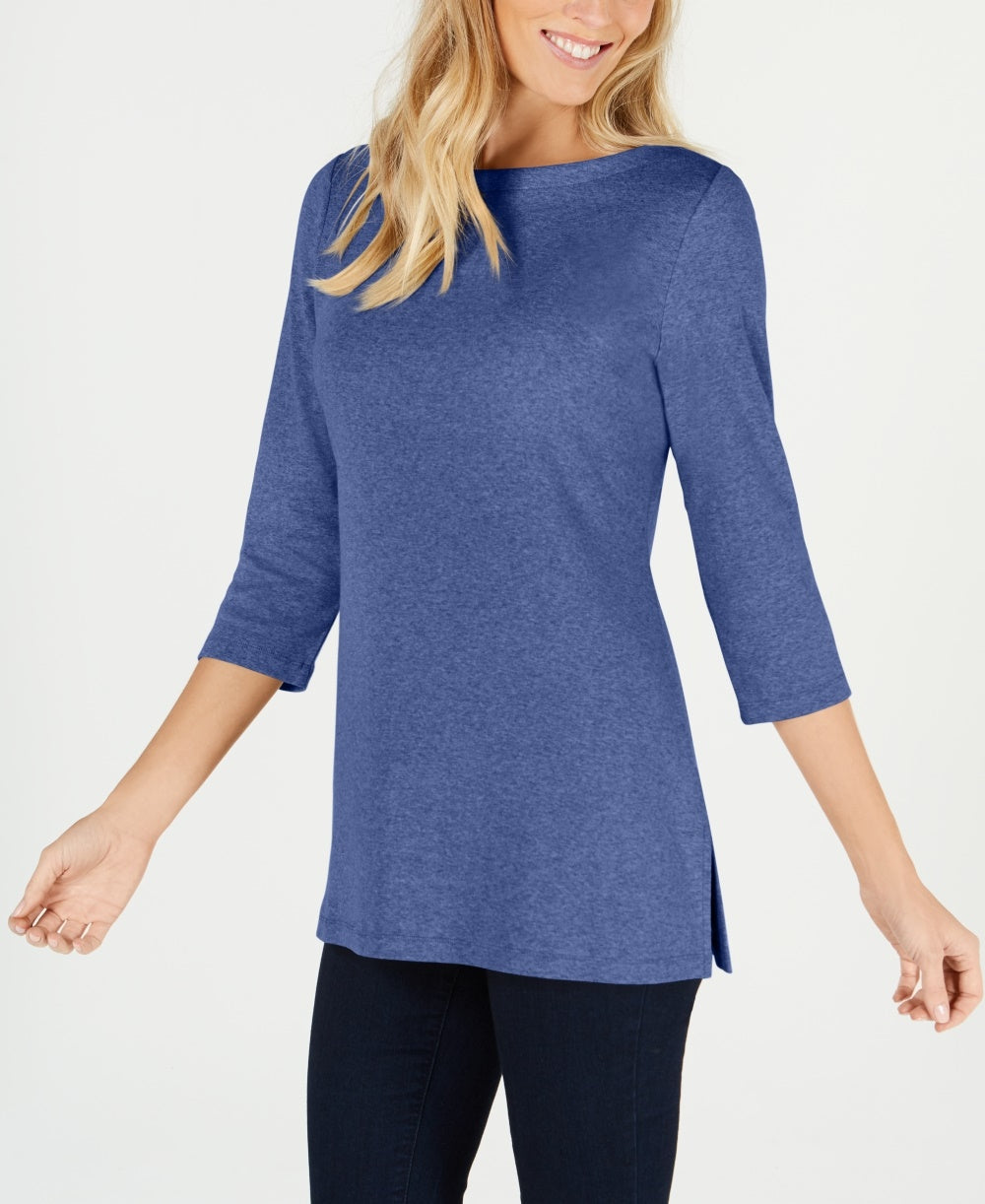 Karen Scott Women's Cotton Boat Neck 3/4 Sleeve Sweater Blue Size Small