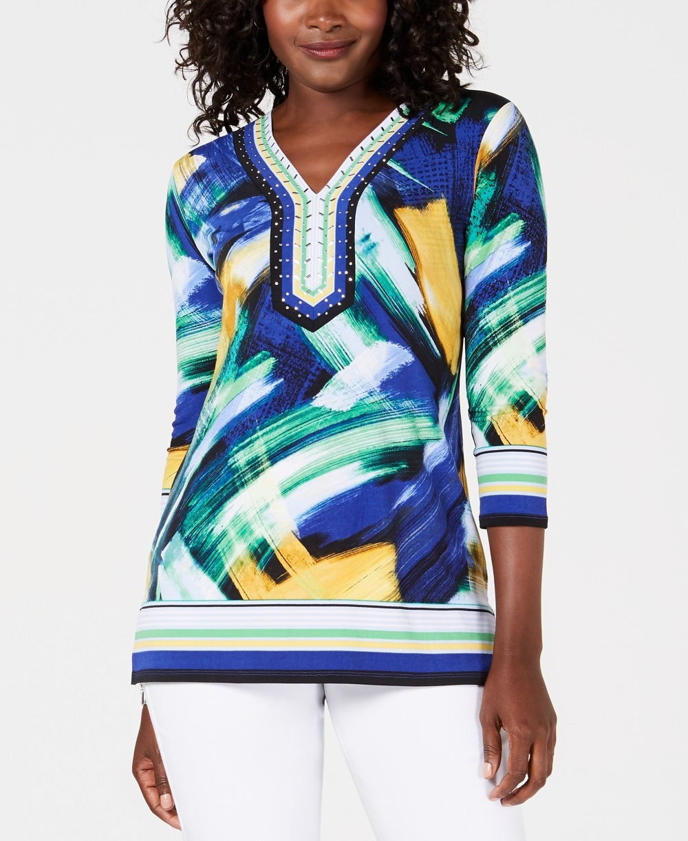 JM Collection Women's Embellished Y Neck Tunic  Blue Size PL