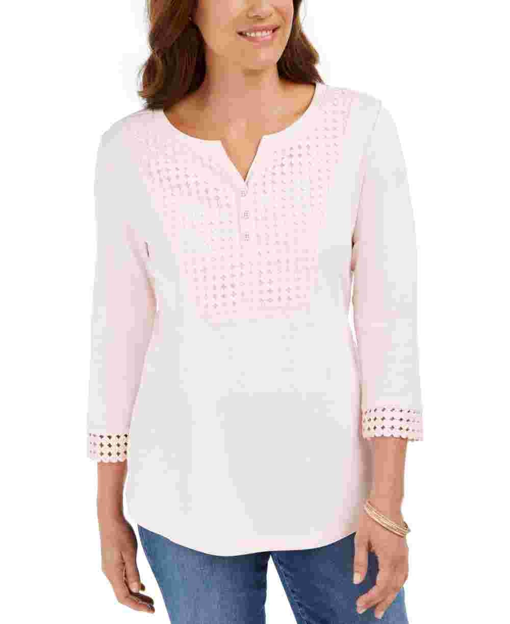 Karen Scott Women's Crochet-Trim Henley Top Pink Size Large