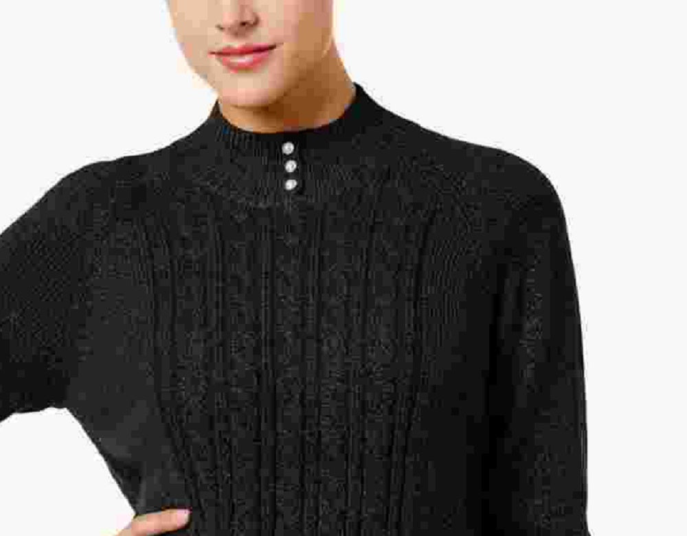 Karen Scott Women's Black Heather Long Sleeve Mock Sweater Black PL