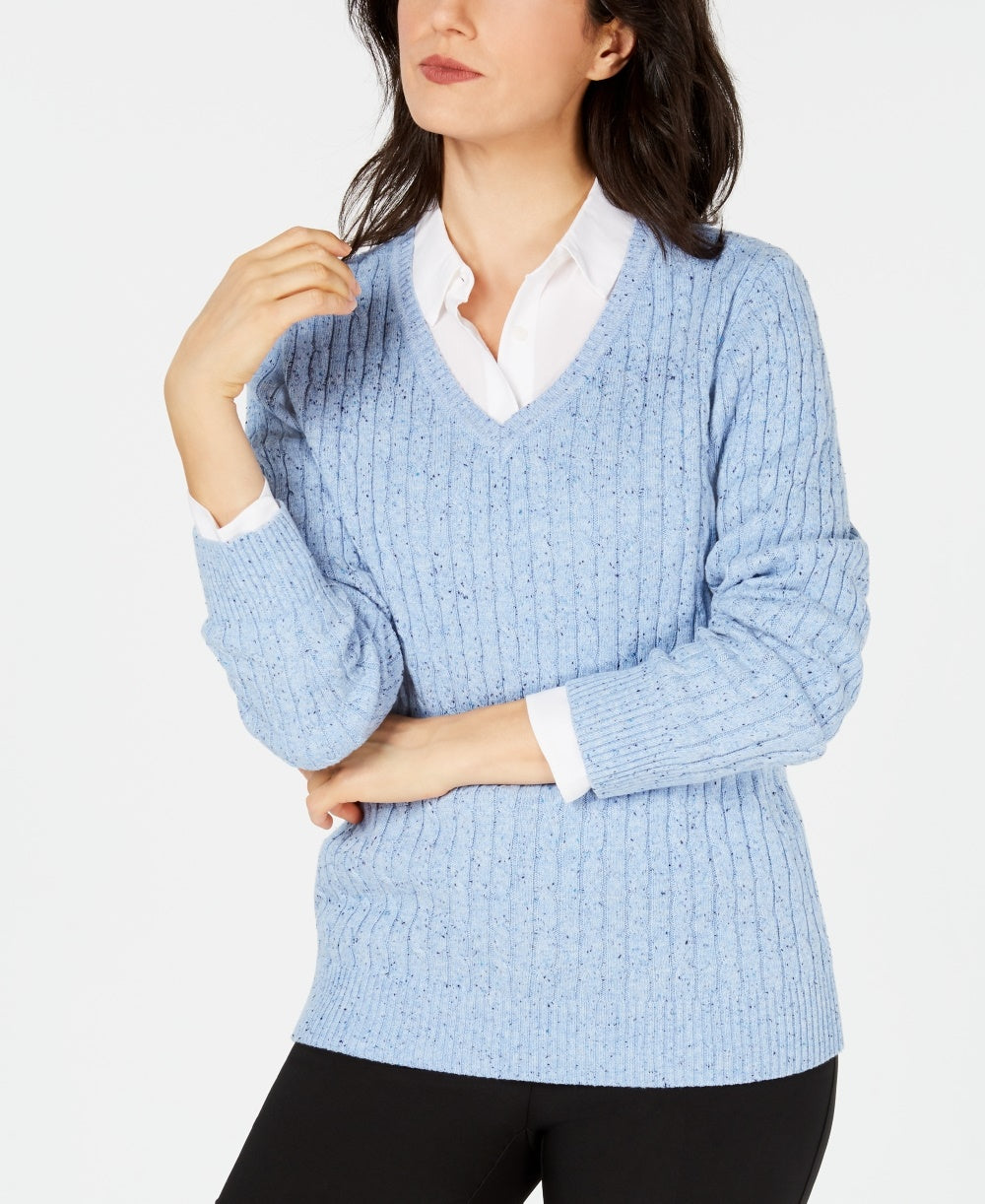 Karen Scott Women's Cable Knit V Neck Sweater Blue Size PS-