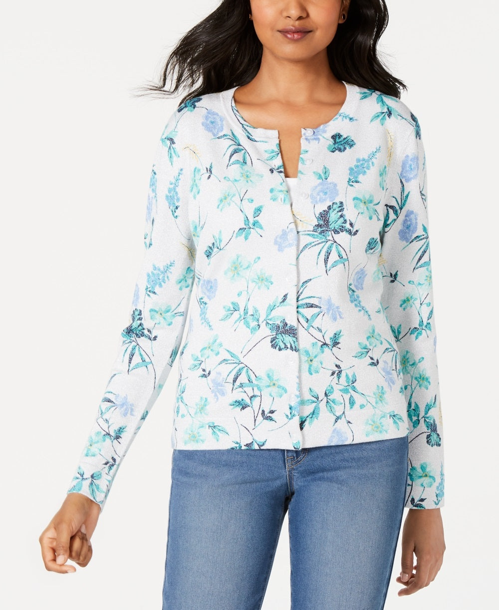 Charter Club Women's Floral Print Cardigan Gray Size XX-Large