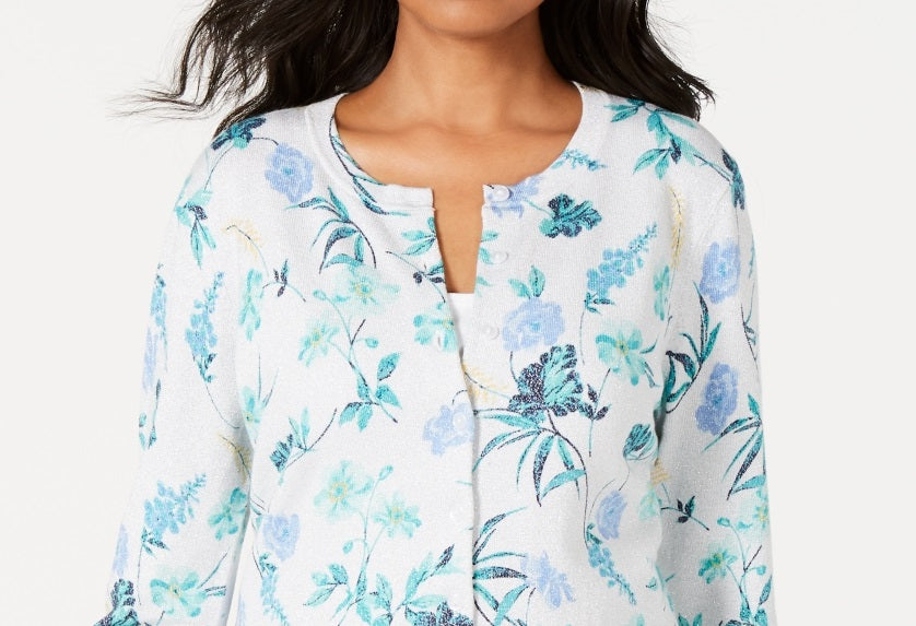 Charter Club Women's Floral Print Cardigan Gray Size XX-Large
