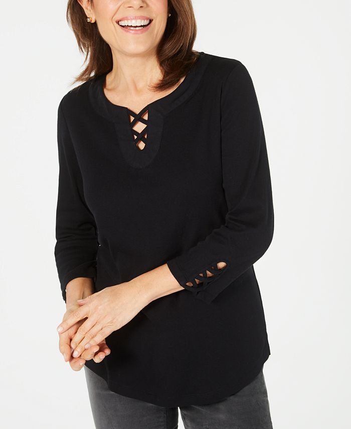 Karen Scott Women's Cotton Lace up Top Black Size 44