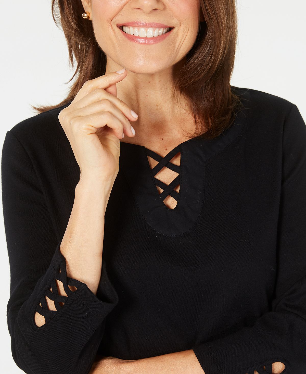 Karen Scott Women's Cotton Lace up Top Black Size 44