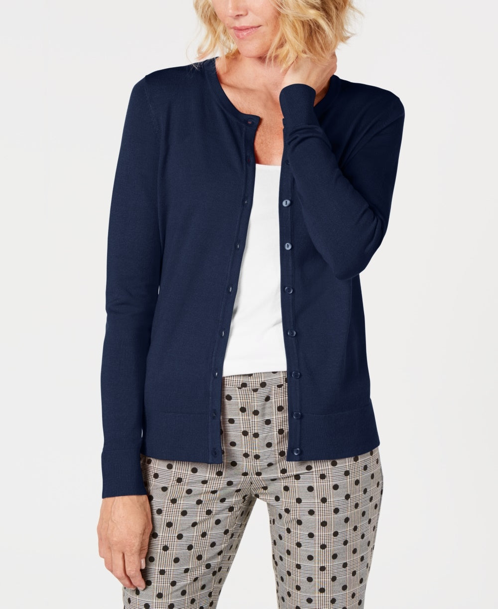 Charter Club Women's Crewneck Cardigan Blue Size Petite Medium