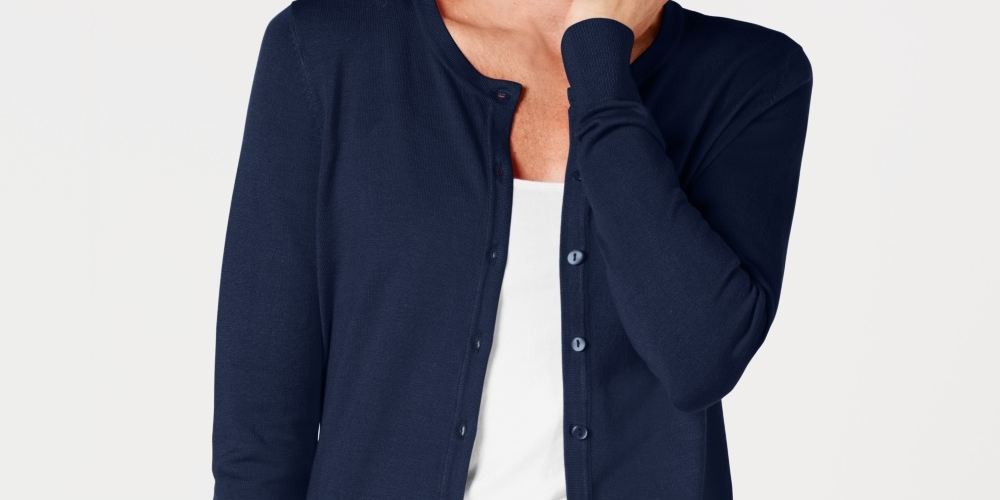 Charter Club Women's Crewneck Cardigan Blue Size Petite Medium