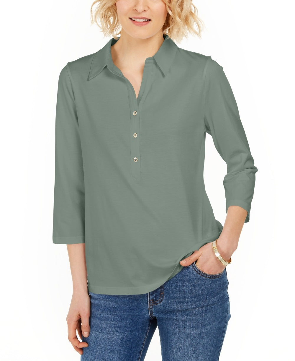 Charter Club Women's Supima Cotton 3/4 Sleeve Polo Green Size Small