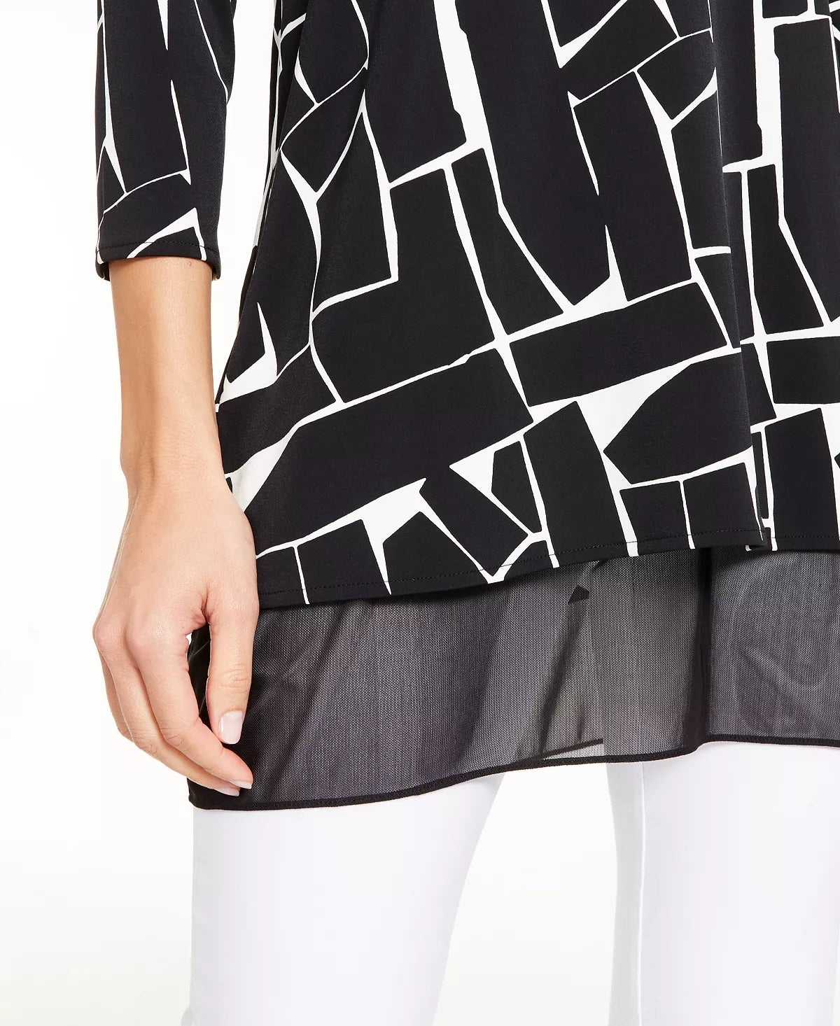 Alfani Women's Printed Mesh Trim Tunic Top Black Size PL