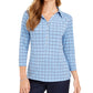 Charter Club Women's 3/4 Sleeve Printed Polo Top Blue Size X-Large