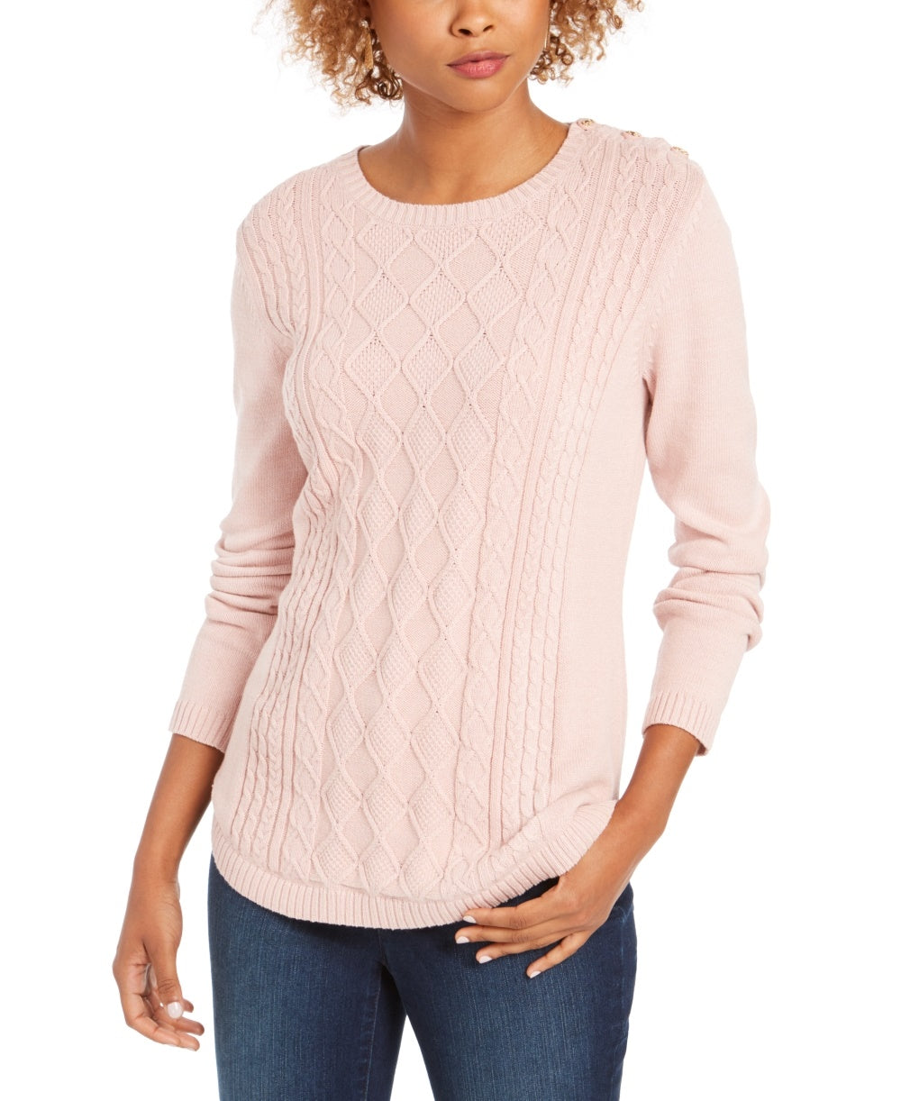 Charter Club Women's Petite Cable-Knit Button-Trim Sweater Pink Size -PS/M