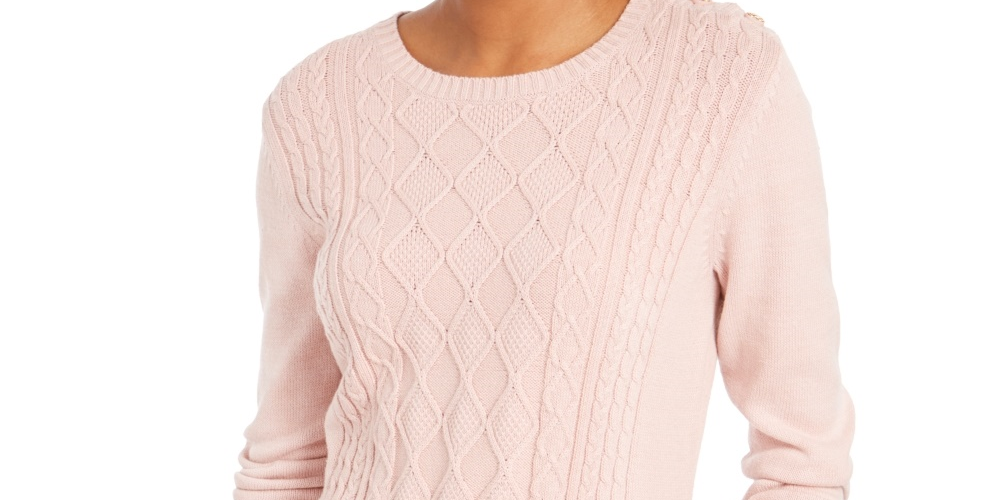 Charter Club Women's Petite Cable-Knit Button-Trim Sweater Pink Size -PS/M