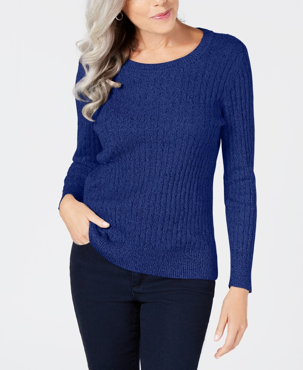 Karen Scott Women's Petite Marled Cotton Cable-Knit Sweater Blue Size Petite