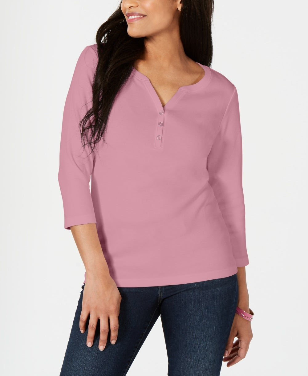 Karen Scott Women's Petite Cotton Henley Shirt Pink PS/M