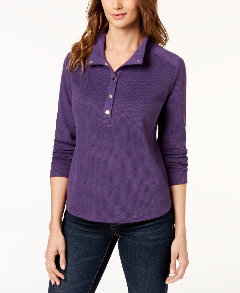 Karen Scott Women's Sport Wing Collar Snap Front Top Purple Size Small