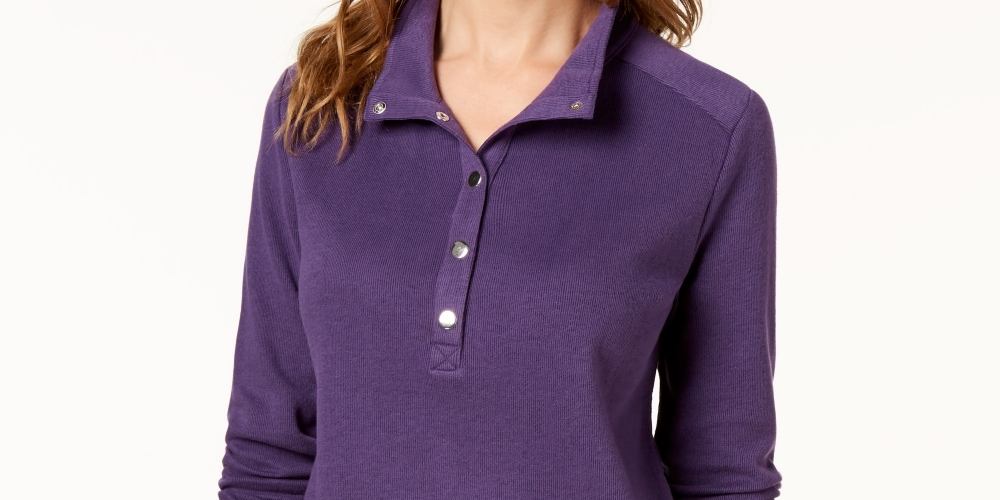 Karen Scott Women's Sport Wing Collar Snap Front Top Purple Size Small