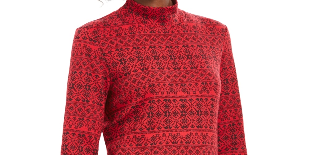 Karen Scott Women's Fair Isle Printed Mock Neck Top Red Size PS
