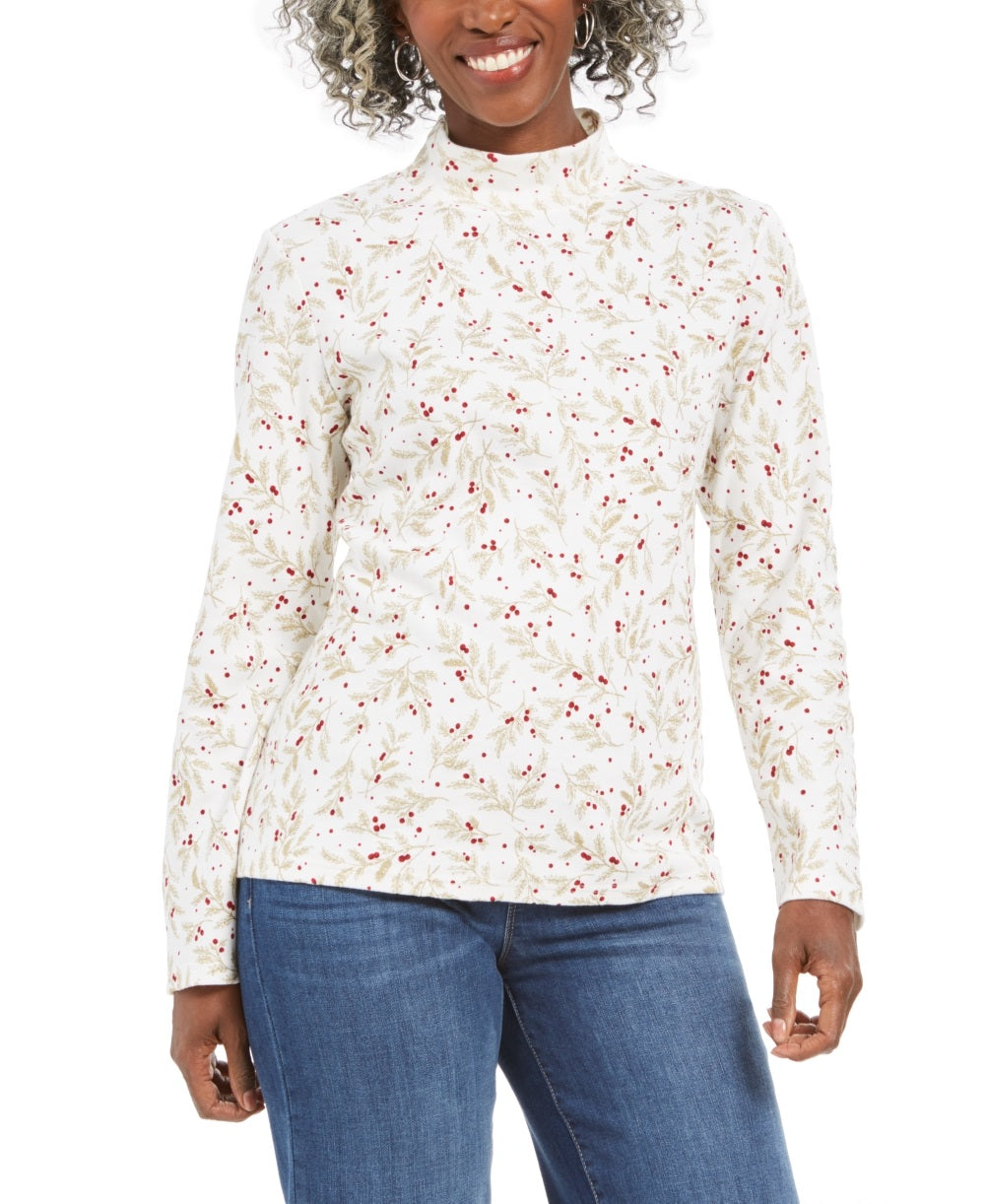 Karen Scott Women's Wheat Fields Printed Mock Neck Top White Size Petite Small