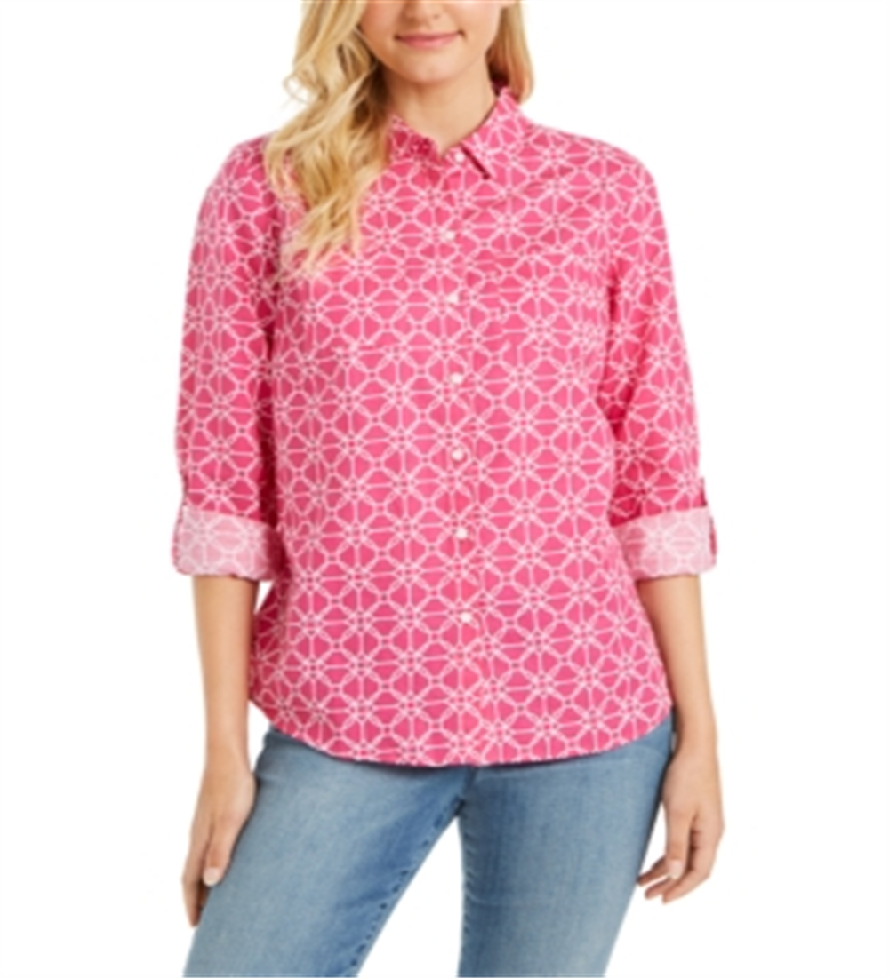 Charter Club Women's Button Front Geometric Print Top Pink Size Large