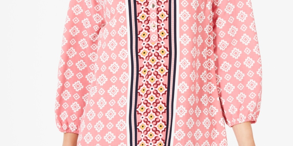 Charter Club Women's Printed Split Neck 3/4 Sleeve Top Pink Size Large