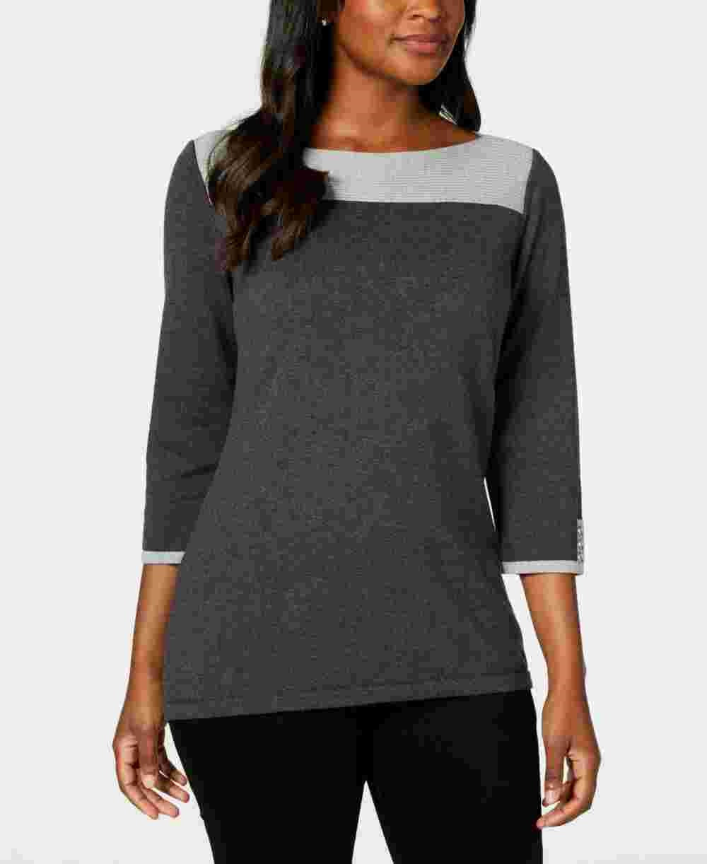 Karen Scott Women's Textured Color Block 3/4 Sleeve Jewel Neck Top Gray Size X-Small