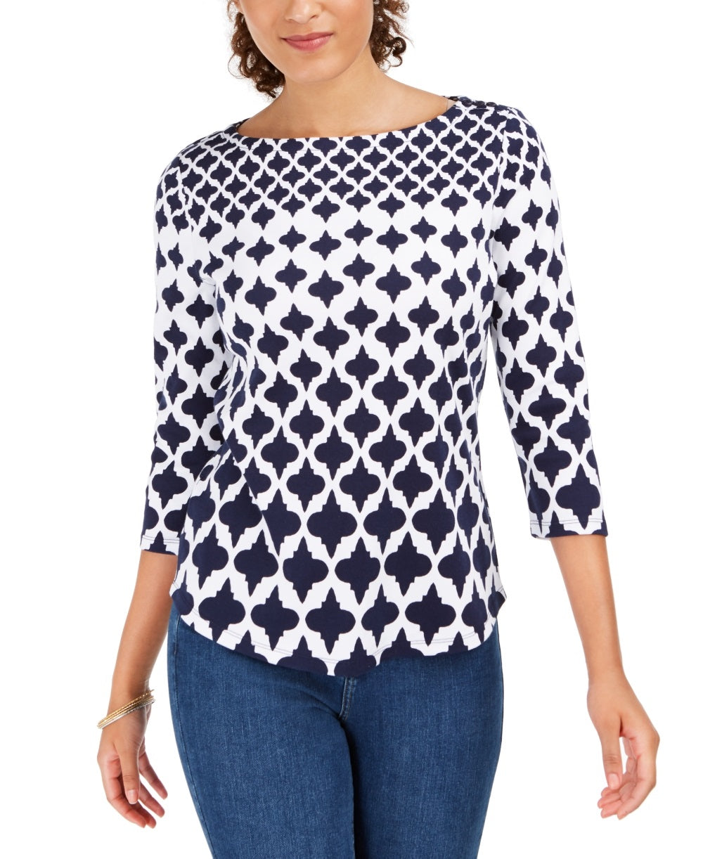 Charter Club Women's Cotton Printed Top Blue Size Petite Small