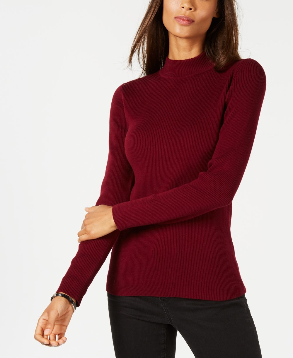 Karen Scott Women's Cotton Ribbed Mock Neck Sweater Wine Size PM