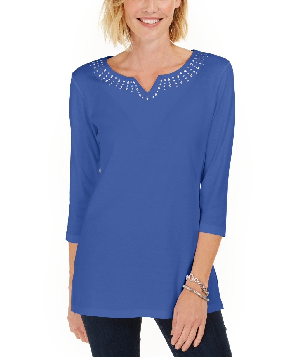 Karen Scott Women's Cotton Studded Split Neck Top  Blue Size Small
