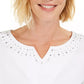 Karen Scott Women's Cotton Studded Split-Neck Top White Size Small