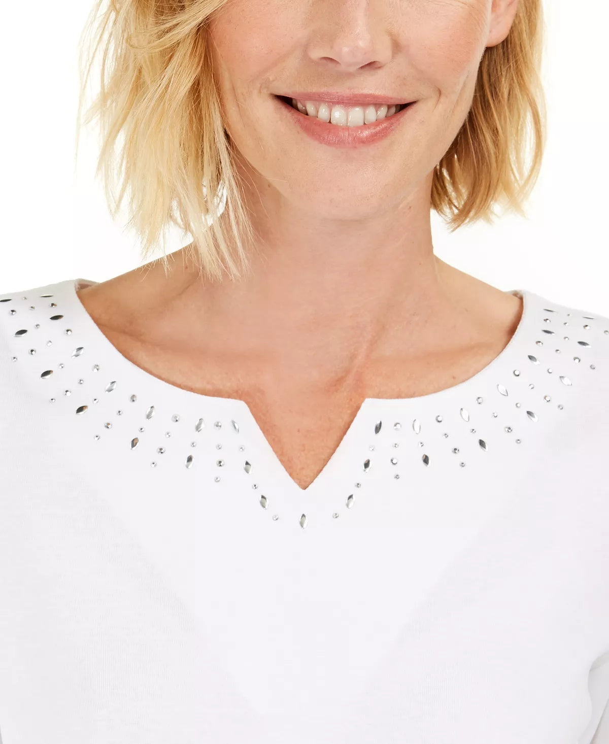 Karen Scott Women's Cotton Studded Split-Neck Top White Size Small