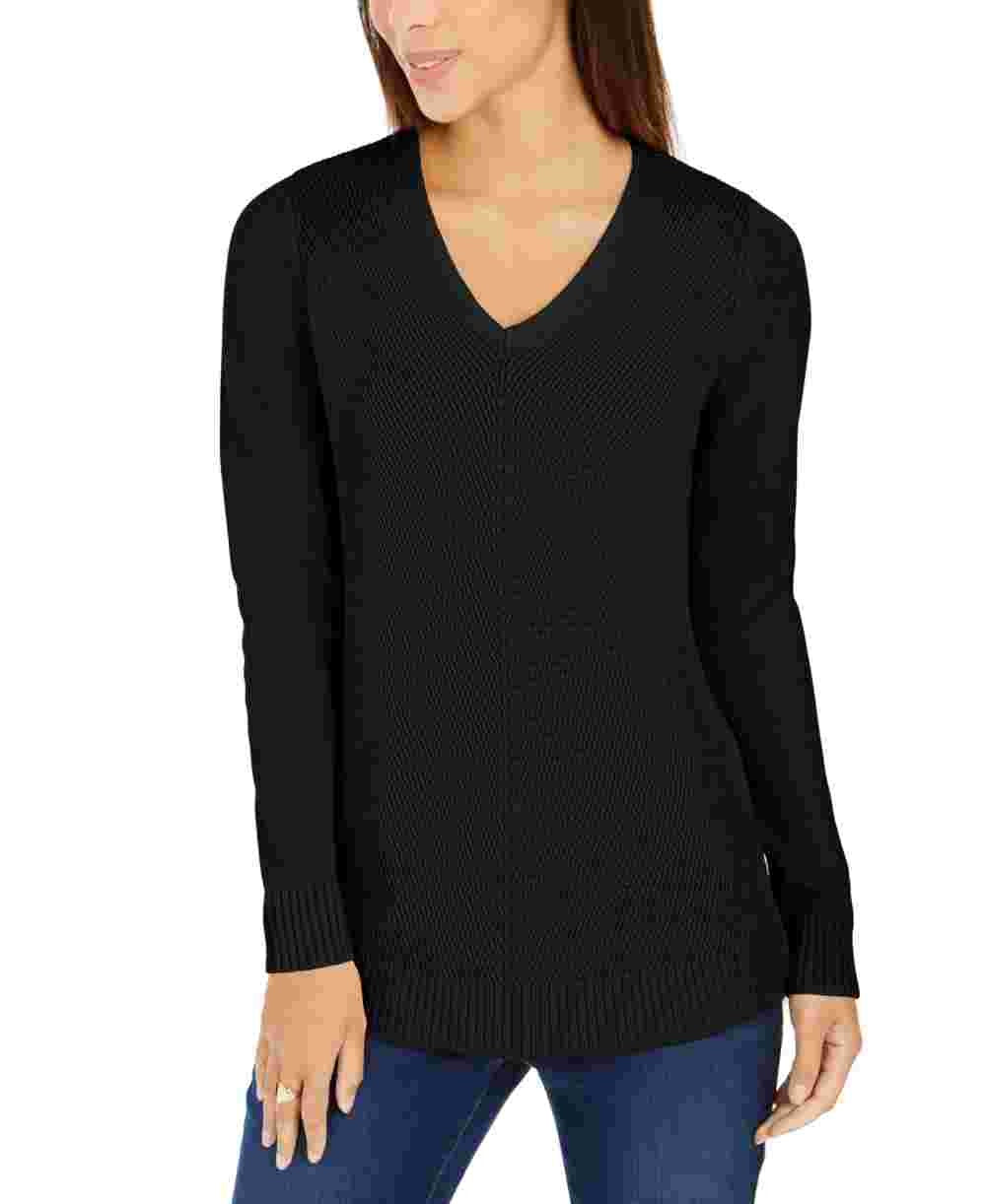 Charter Club Women's Solid Long Sleeve V Neck Sweater Black Size Petite Small